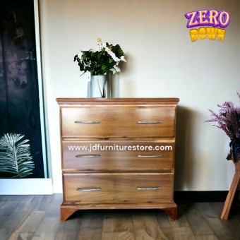CHEST OF DRAWERS- TEAK (SMALL) NO MIRROR 3 DRAWERS ON ROLLERS 31'' H x 33" L x 17" W